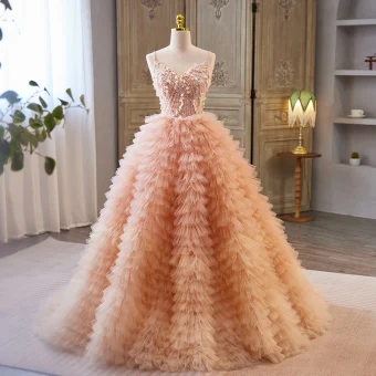 Charming Orange Beading Sequins Appliques Pleated Prom Dresses 2023 Ball Gown Spaghetti Straps Sleeveless Backless Sweep Train Prom Formal Dresses