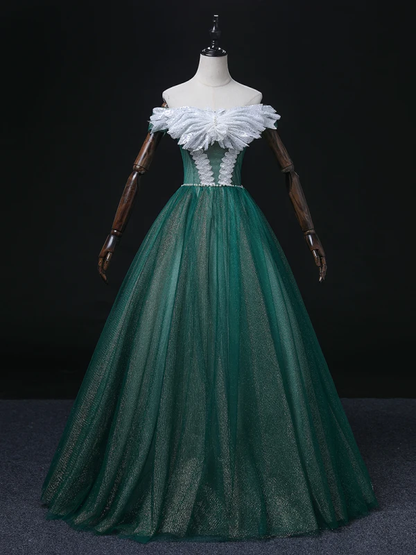 Elegant Dark Green Pearl Sequins Prom Dresses 2022 Ball Gown Off-The-Shoulder Short Sleeve Backless Floor-Length / Long Prom Formal Dresses