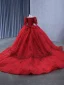 Luxury / Gorgeous Red Handmade  Beading Sequins Lace Flower Prom Dresses 2024 Ball Gown Square Neckline Long Sleeve Backless Chapel Train Prom Formal Dresses