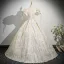 Chic / Beautiful Champagne Rhinestone Printing Prom Dresses 2025 Ball Gown Square Neckline Short Sleeve Backless Floor-Length / Long Prom Formal Dresses