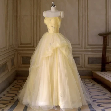 Chic Belle Jaune Robe De Bal 2022 Robe Boule Bretelles Spaghetti Perle Faux Diamant Paillettes Sans Manches Longue Robe De Ceremonie