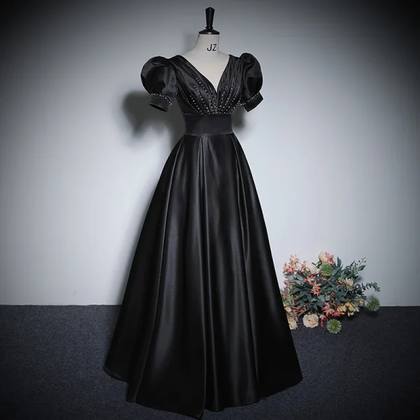 Vintage / Retro Black Satin Evening Dresses 2023 A-Line / Princess V-Neck Puffy Short Sleeve Backless Floor-Length / Long Evening Party Formal Dresses