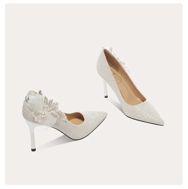 Charming Silver Glitter Appliques Wedding Shoes 2024 8 cm Stiletto Heels Pointed Toe Wedding Pumps High Heels