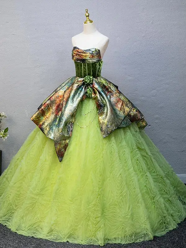 Chic / Beautiful Sage Green Printing Prom Dresses 2025 Ball Gown Strapless Sleeveless Backless Floor-Length / Long Tulle Prom Formal Dresses