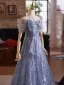 Sparkly Ocean Blue Glitter Sequins Prom Dresses 2025 A-Line / Princess Off-The-Shoulder Short Sleeve Backless Floor-Length / Long Prom Formal Dresses