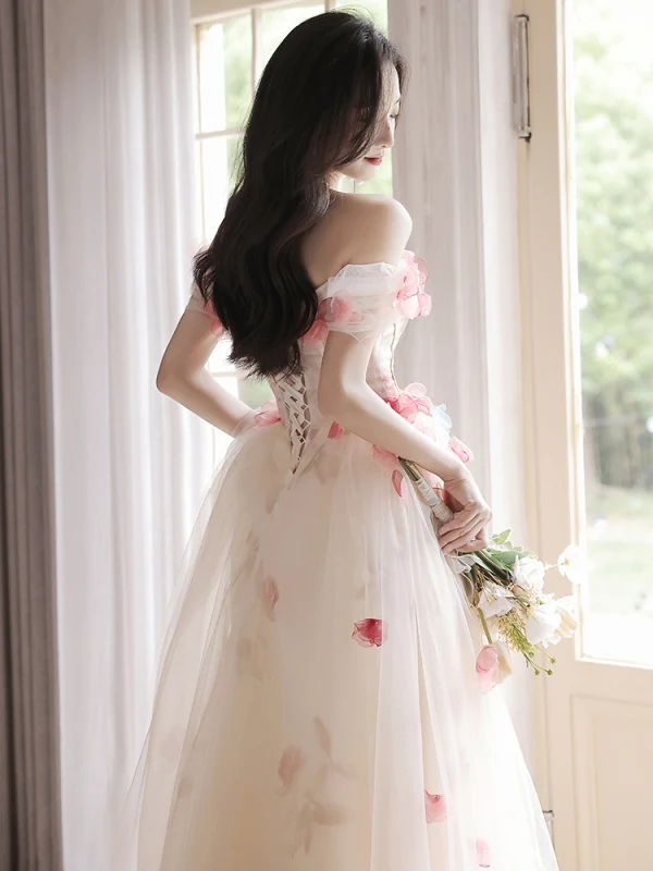 Flower Fairy White Appliques Prom Dresses 2023 A-Line / Princess Off-The-Shoulder Short Sleeve Backless Floor-Length / Long Prom Formal Dresses