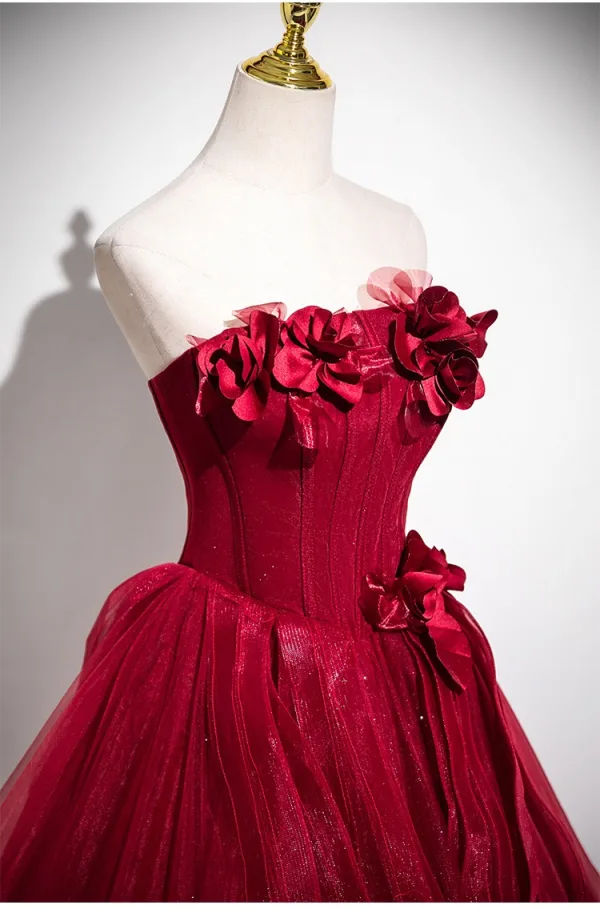Chic / Beautiful Burgundy Appliques Cascading Ruffles Prom Dresses 2025 Ball Gown Strapless Sleeveless Backless Floor-Length / Long Prom Formal Dresses