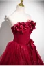 Chic / Beautiful Burgundy Appliques Cascading Ruffles Prom Dresses 2025 Ball Gown Strapless Sleeveless Backless Floor-Length / Long Prom Formal Dresses