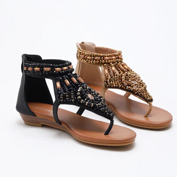 Römisch Schwarz Sommer Strand Strass Sandalen Damen 2022 Knöchelriemen Flache Peeptoes Sandaletten