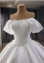 High-end Elegant White Pearl Satin Wedding Dresses 2025 Ball Gown Off-The-Shoulder Short Sleeve Backless Chapel Train Wedding