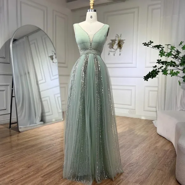 Elegante Salbeigrün Pailletten Ballkleider 2024 A Linie V-Ausschnitt Ärmellos Lange Ball Festliche Kleider