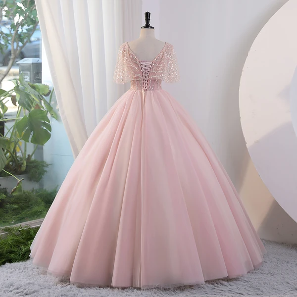 Charmant Rougissant Rose Perlage Noeud Paillettes Robe De Bal 2023 Robe Boule V-Cou Manches Courtes Dos Nu Longue Promo Robe De Ceremonie