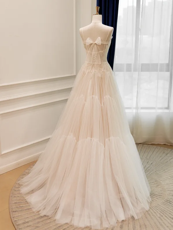 High-end Champagne Handmade Lace Flower Wedding Dresses 2026 A-Line / Princess Spaghetti Straps Sleeveless Backless Bow Floor-Length / Long Wedding