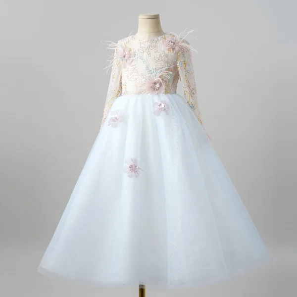 Chic / Beautiful White Appliques Sequins Birthday Flower Girl Dresses 2025 A-Line / Princess Scoop Neck Long Sleeve Floor-Length / Long Flower Girl Dresses