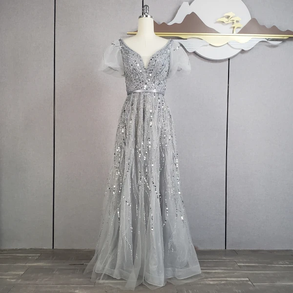 Charming Champagne Beading Sequins Prom Dresses 2024 A-Line / Princess V-Neck Short Sleeve Backless Bow Sash Floor-Length / Long Prom Formal Dresses