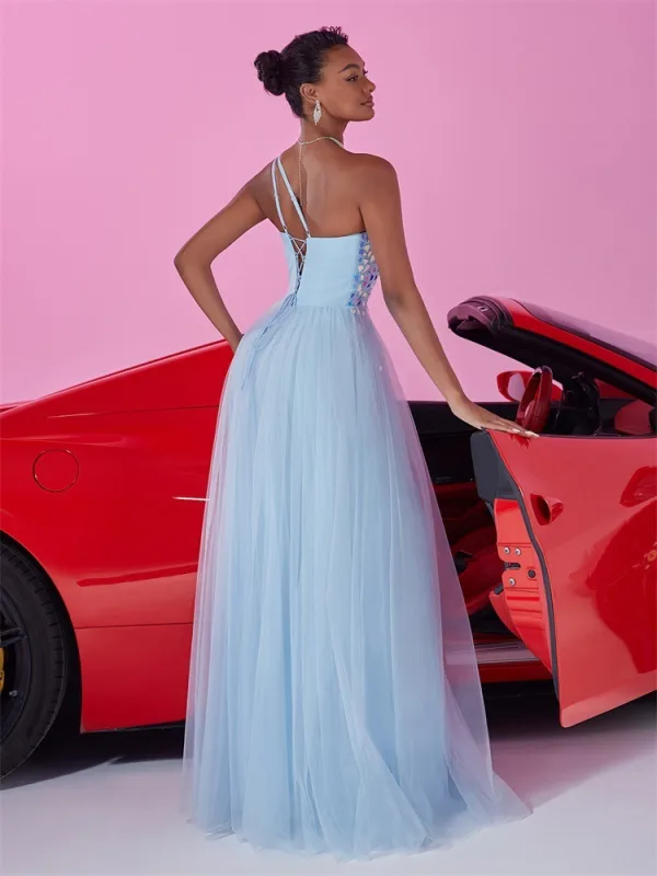 Sexy Himmelblau Pailletten Gespaltete Front Ballkleider 2025 A Linie One-Shoulder Ärmellos Rückenfreies Lange Festliche Kleider