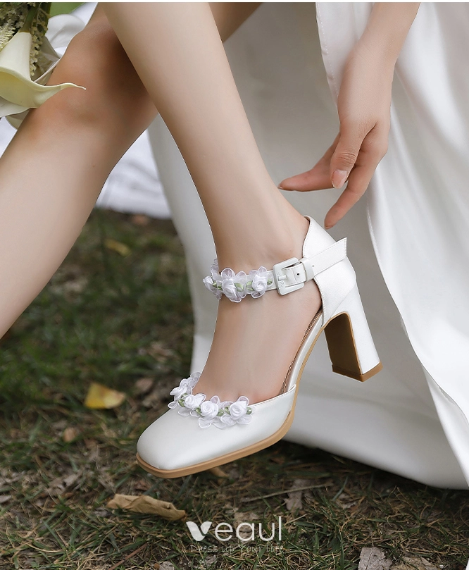 Perfect Bridal Kerry Ivory Satin Block Heel Ankle Strap Court Shoes