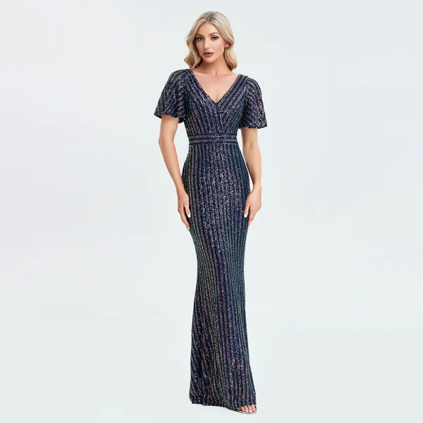 Bling Bling Bordeaux Paillettes Robe De Soirée 2023 Trompette / Sirène V-Cou Manches Courtes Dos Nu Longue Soirée Robe De Ceremonie