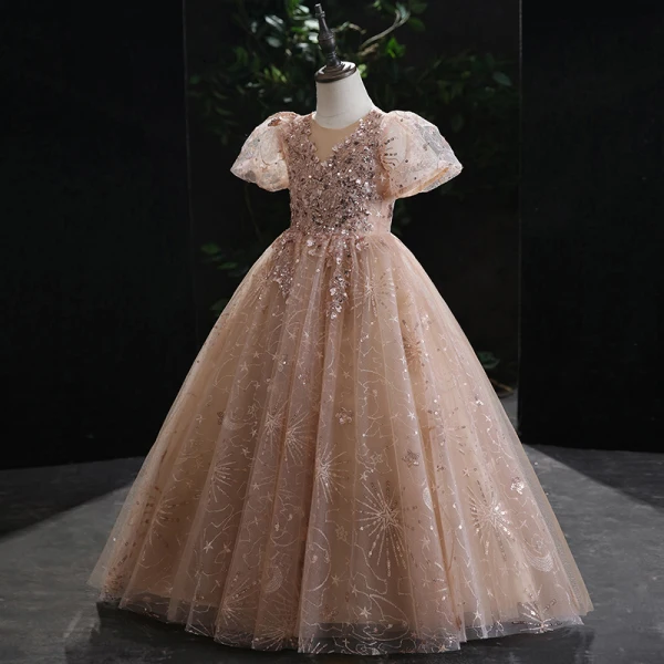 Sparkly Champagne Beading Lace Flower Sequins Birthday Flower Girl Dresses 2022 Ball Gown Scoop Neck Short Sleeve Floor-Length / Long Flower Girl Dresses