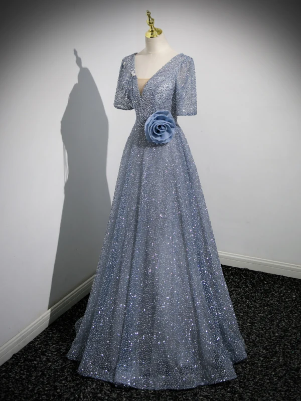 Sparkly Grey Beading Appliques Sequins Prom Dresses 2023 A-Line / Princess V-Neck Short Sleeve Backless Floor-Length / Long Formal Dresses