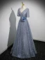 Sparkly Sky Blue Beading Appliques Prom Dresses 2023 A-Line / Princess V-Neck Short Sleeve Backless Floor-Length / Long Formal Dresses