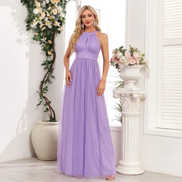 Chic / Belle Lavande Paillettes Robe De Bal 2024 Princesse Col Haut Sans Manches Longue Promo Robe De Ceremonie