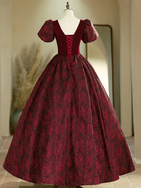 Elegant Burgundy Rose Printing Satin Prom Dresses 2024 Ball Gown Square Neckline Puffy Short Sleeve Backless Floor-Length / Long Prom Formal Dresses