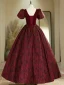 Elegant Burgundy Rose Printing Satin Prom Dresses 2024 Ball Gown Square Neckline Puffy Short Sleeve Backless Floor-Length / Long Prom Formal Dresses