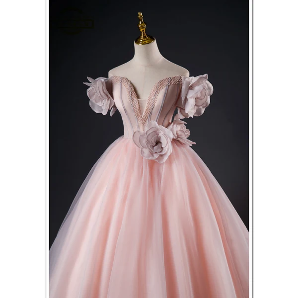 Chic / Beautiful Blushing Pink Appliques Prom Dresses 2023 Ball Gown Pearl Strapless Sleeveless Backless Floor-Length / Long Prom Formal Dresses
