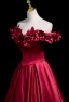 Elegant Burgundy Appliques Satin Prom Dresses 2024 A-Line / Princess Off-The-Shoulder Sleeveless Backless Floor-Length / Long Prom Formal Dresses
