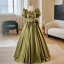 Modest / Simple Clover Green Bow Satin Prom Dresses 2024 Ball Gown Square Neckline Puffy Short Sleeve Backless Floor-Length / Long Prom Formal Dresses