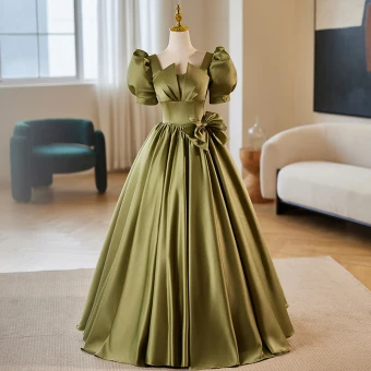 Modest Simple Clover Green Bow Satin Prom Dresses 2024 Ball Gown Square Neckline Puffy Short Sleeve Backless Floor Length Long Prom Formal Dresses