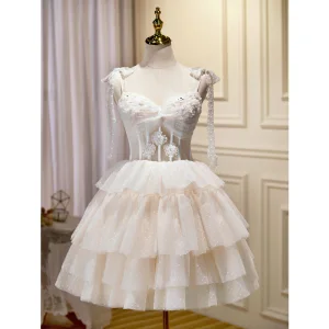 Sexy Beige Cascading Ruffles Beading Sequins Evening Party Short Party Dresses 2023 Spaghetti Straps Sleeveless Formal Dresses