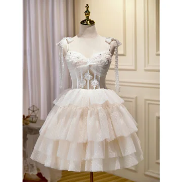 Sexy Beige Cascading Ruffles Beading Sequins Evening Party Short Party Dresses 2023 Spaghetti Straps Sleeveless Formal Dresses