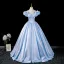 Elegant Sky Blue Prom Dresses 2026 Ball Gown Ruffle Off-The-Shoulder Bow Short Sleeve Backless Floor-Length / Long Formal Dresses