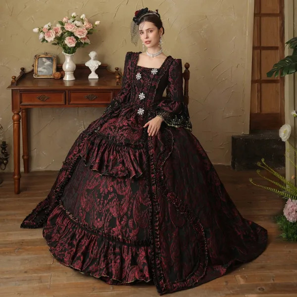 Vintage / Retro Medieval Gothic Burgundy Printing Rhinestone Prom Dresses 2024 Ball Gown Square Neckline Bell sleeves Floor-Length / Long Prom Formal Dresses