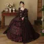 Vintage / Retro Medieval Gothic Burgundy Printing Rhinestone Prom Dresses 2024 Ball Gown Square Neckline Bell sleeves Floor-Length / Long Prom Formal Dresses
