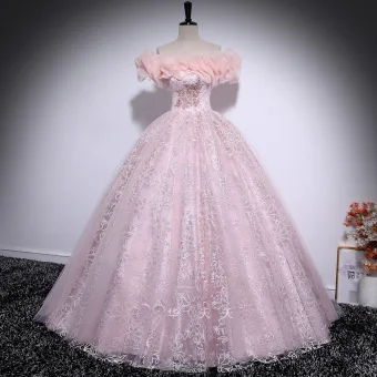 Élégant Rougissant Rose Perlage En Dentelle Fleur Glitter Paillettes Robe De Bal 2025 Robe Boule De L Épaule Manches Courtes Dos Nu Longue Robe De Ceremonie