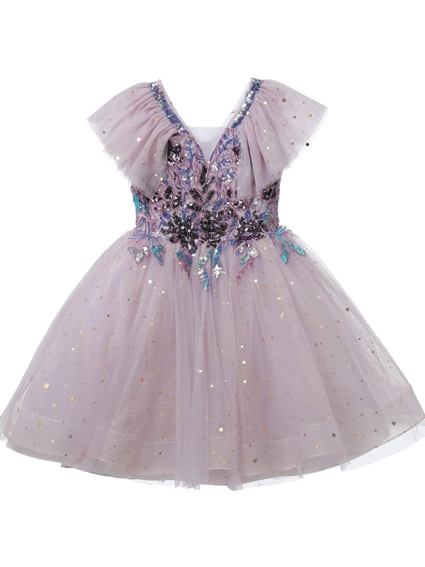 Fashion Lavender Short Sequins Birthday Flower Girl Dresses 2023 V-Neck Short Sleeve Backless Zipper Up