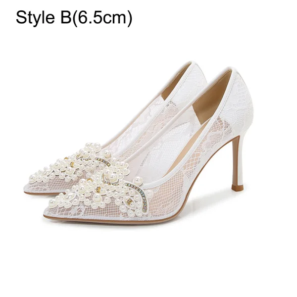 Charming White Pearl Rhinestone Lace Flower Wedding Shoes 2023 8 cm Stiletto Heels Pointed Toe Wedding Pumps High Heels