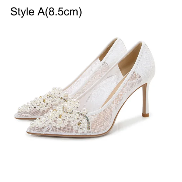 Charming White Pearl Rhinestone Lace Flower Wedding Shoes 2023 8 cm Stiletto Heels Pointed Toe Wedding Pumps High Heels