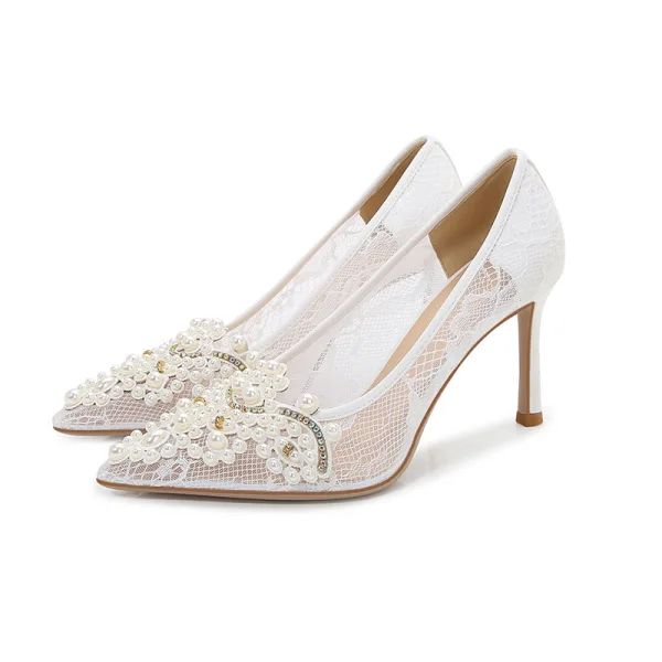 Chic / Beautiful White Pearl Rhinestone Lace Flower Wedding Shoes 2023 8 cm Stiletto Heels Pointed Toe Wedding Pumps High Heels