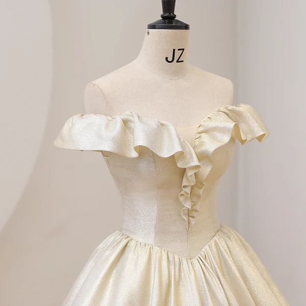 Élégant Champagne Glitter Robe De Bal 2022 Robe Boule De l'épaule Manches Courtes Dos Nu Longue Promo Robe De Ceremonie