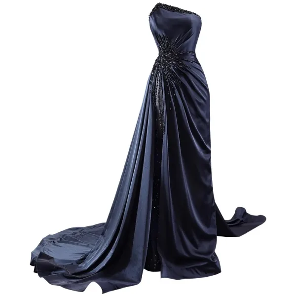 Haut de Gamme Noire Fait main Perlage Robe De Soirée 2023 Trompette / Sirène Bustier Sans Manches Dos Nu Train De Balayage Robe De Ceremonie