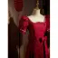 Chic / Belle Bordeaux Robe De Bal 2022 Princesse Encolure Carrée Perle Paillettes Faux Diamant Noeud Manches Courtes Dos Nu Longue Robe De Ceremonie