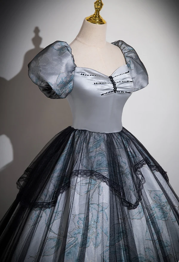 Vintage / Retro Grey Printing Prom Dresses 2024 Ball Gown Square Neckline Puffy Short Sleeve Backless Floor-Length / Long Prom Formal Dresses