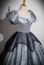 Vintage / Retro Grey Printing Prom Dresses 2024 Ball Gown Square Neckline Puffy Short Sleeve Backless Floor-Length / Long Prom Formal Dresses