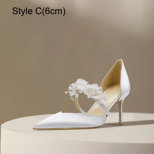 Elegant White Satin Pearl Flower Wedding Shoes 2024 10 cm Stiletto Heels Pointed Toe Wedding Sandals High Heels