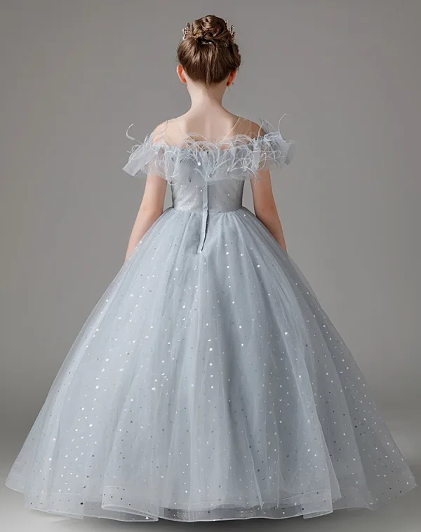 Chic / Beautiful Grey Sequins Tassel Birthday Flower Girl Dresses 2024 Ball Gown Scoop Neck Short Sleeve Backless Floor-Length / Long
