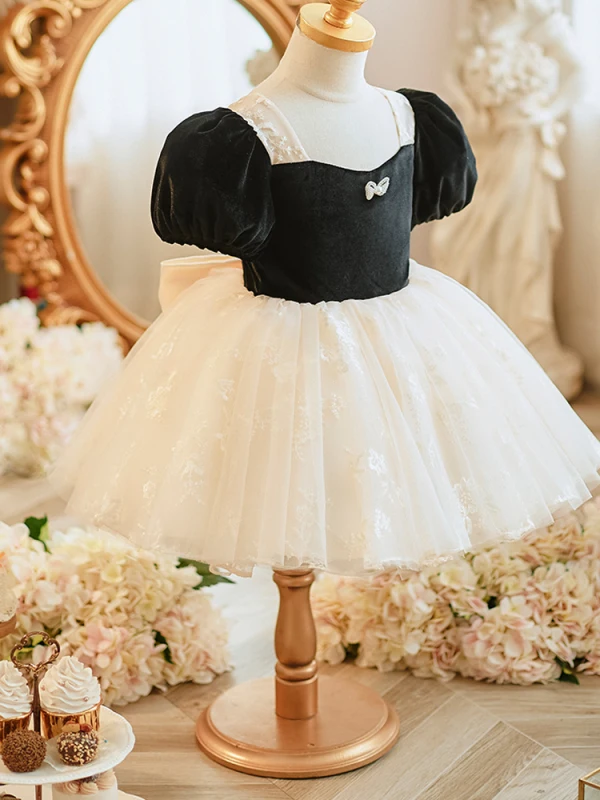 Chic / Belle Noire Anniversaire Robe Ceremonie Fille 2023 Robe Boule Encolure Carrée Gonflée Manches Courtes Dos Nu Noeud Courte